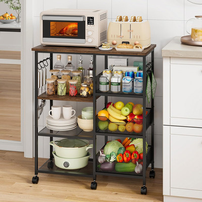 Rolling Kitchen Carts with Storage - Microwave Table Stand with 6 Hooks & 3 Bask