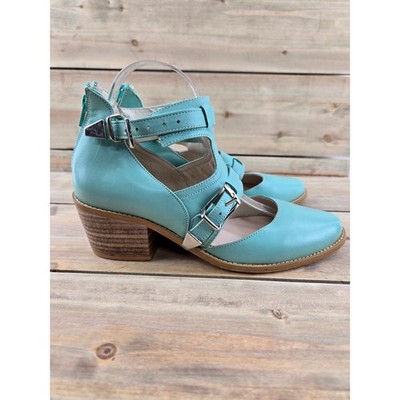 MITU Irene Mint Blue Leather Cutout Buckle Block Heel Ankle Booties Size 6