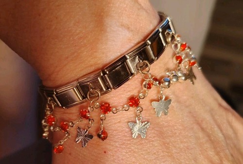 Two Italian Charm Bracelets-WOW! Skull& Butterfly Draped-Red Crystal S.Steel - Picture 4 of 13