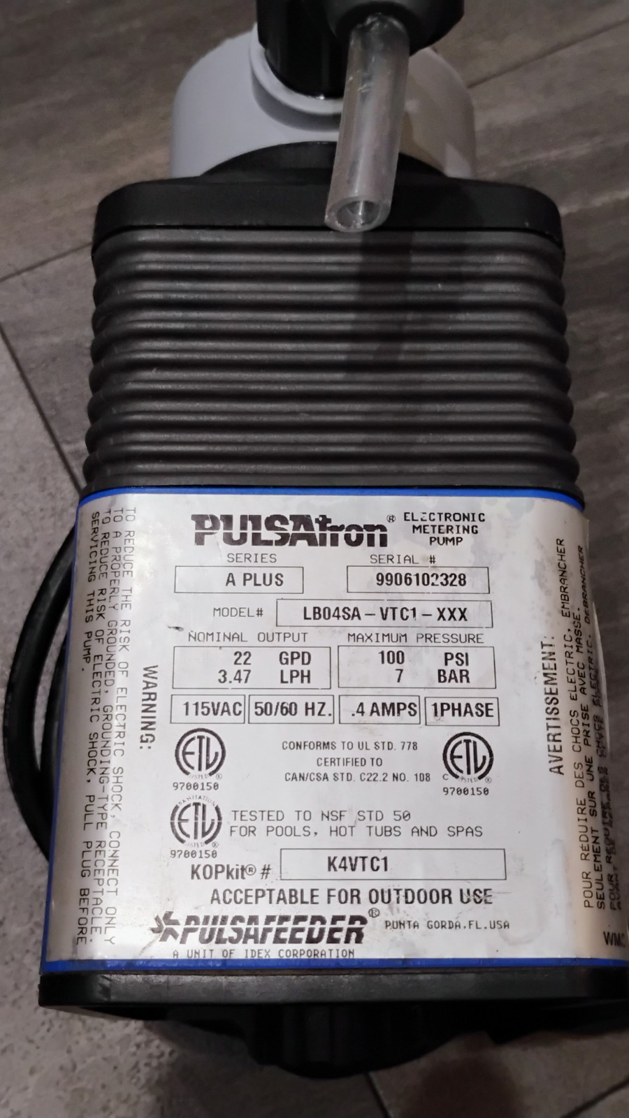 Pulsatron LB04SA-VTC1-XXX Electronic Metering Pump Serial# 9906102328 Tested