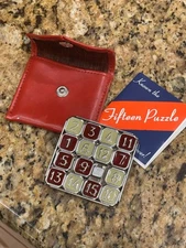 Vintage Fifteen 15 Slide Puzzle in Travel Pocket Pouch Case Metal & Enamel
