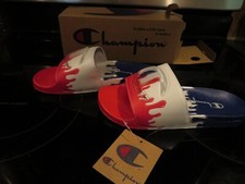 NWT Mens Red White Blue Champion Drip Sandals, 7