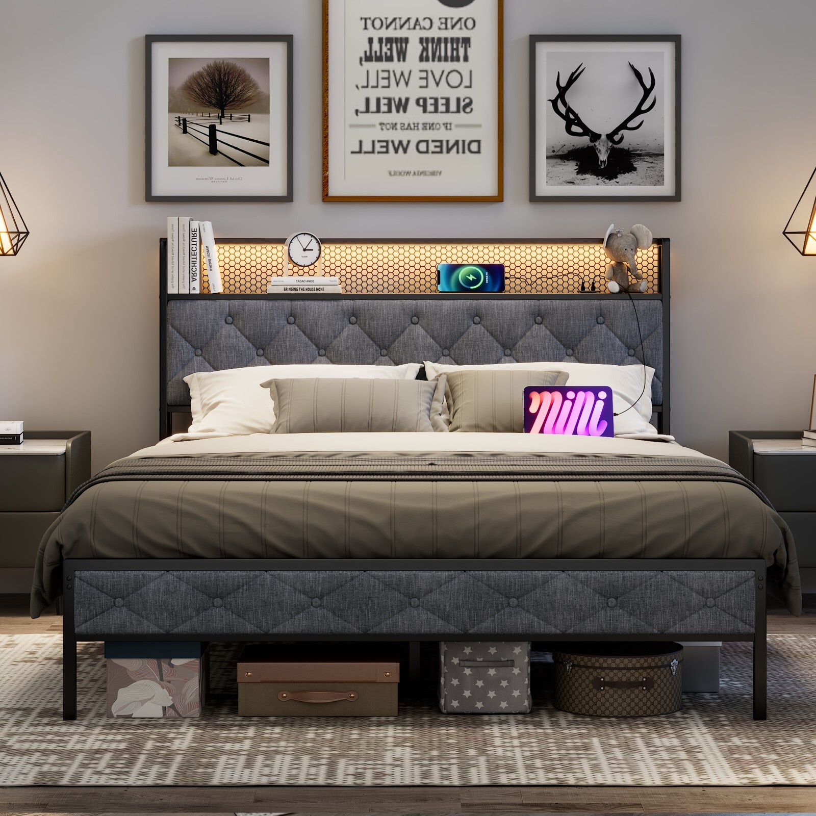 Bed Frame with Storage Upholstered   LED Lights and USB  Q  Metal Platform Bed-image