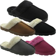 Ladies Micro-Suede Slippers with Faux Fur Cuff and Front Decorative Stitching
