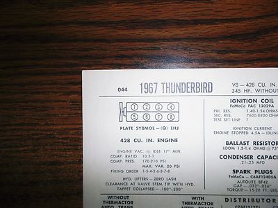1967 Ford Thunderbird EIGHT Series Models 345HP 428 CI V8 Tune Up Chart