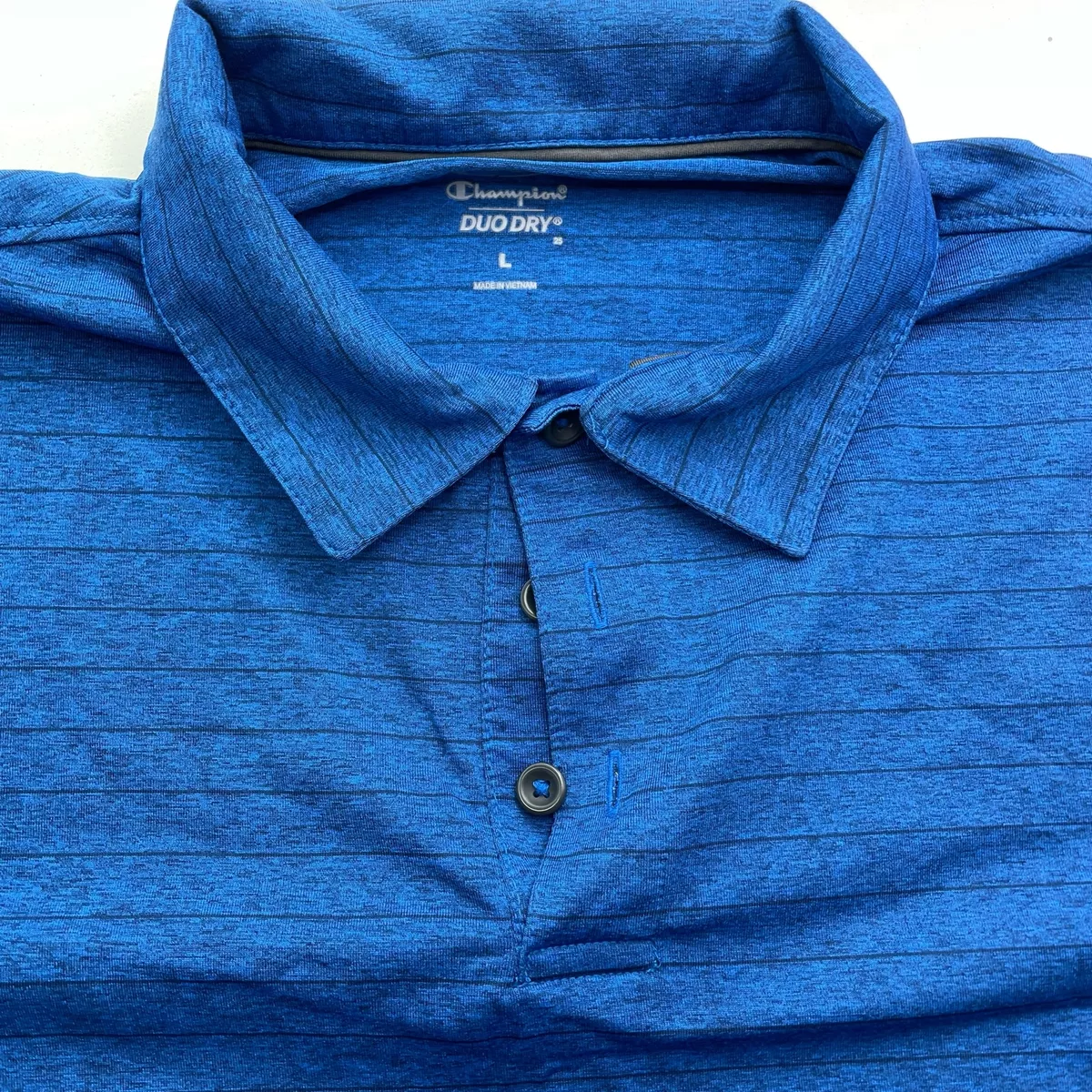 Champion Duo Dry Men s Large Blue Black Striped Short Sleeve