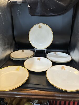tressemanes vogt limoges Circa 1920 Ivory Gold Trim Set 10 Dinner Plates A Mono 