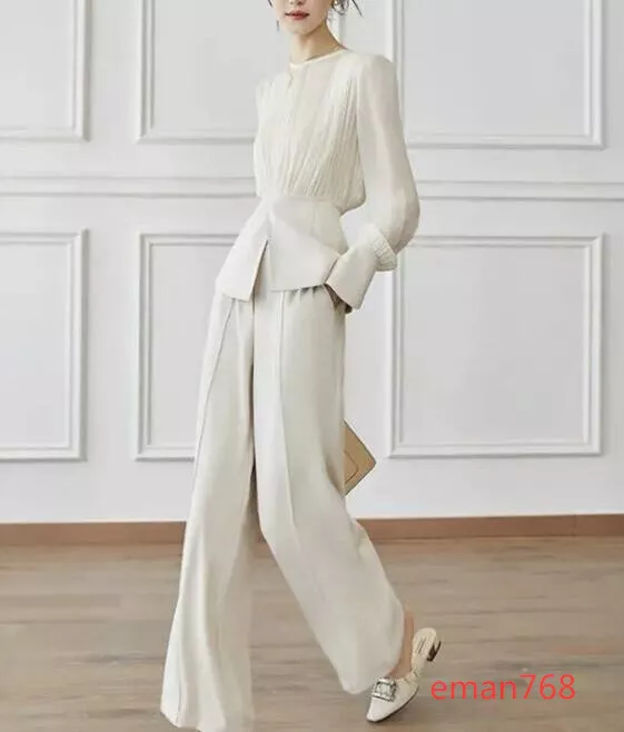 Women Stylish Long Sleeve Blouse Wide Leg Pants Suit Sets Summer