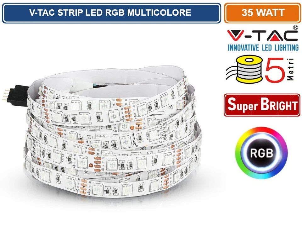 V-TAC VT-5050-60 STRISCIA LED FLESSIBILE 35W SMD RGB 60 LED/METRO 12V 5 METRI - Immagine 2 di 3