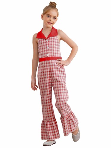 Kids Girls Rompers Backless Bodysuit Cosplay Overalls Plaid Jumpsuit Casual 70s - Picture 38 of 65