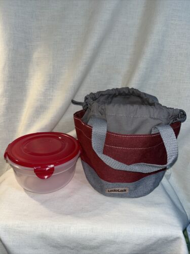Lock n Lock Food Storage Drawstring Tote Lunch Bag Red &Gray W/ 1 Quart Bowl Lid - Picture 1 of 8