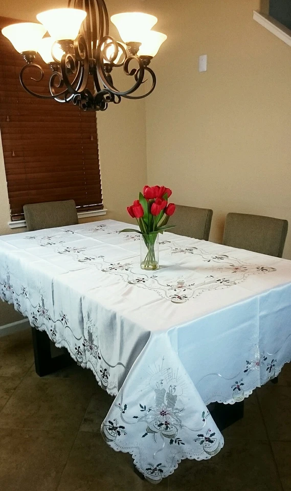 Beige 72x126" Embroidery Silver Candle Ornament Christmas Tablecloth 12 Napkins - Image 3 of 4