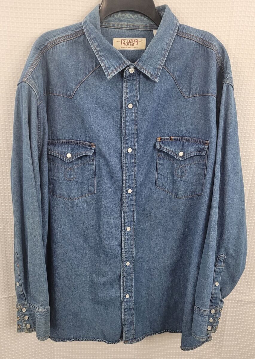 Vtg Big Mac Work Wear Denim Western Pearl Snap Shirt Size