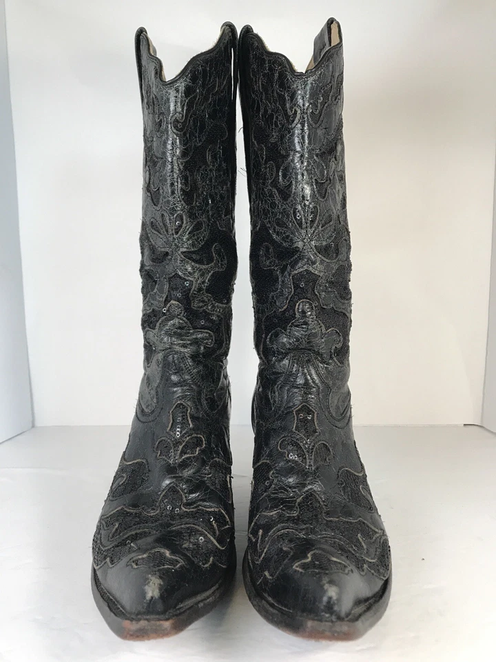 Botas de vaquero Corral Sequence para mujer talla 9 M negras con incrustaciones de cuero de cabra brillantes Foto 4 de 4