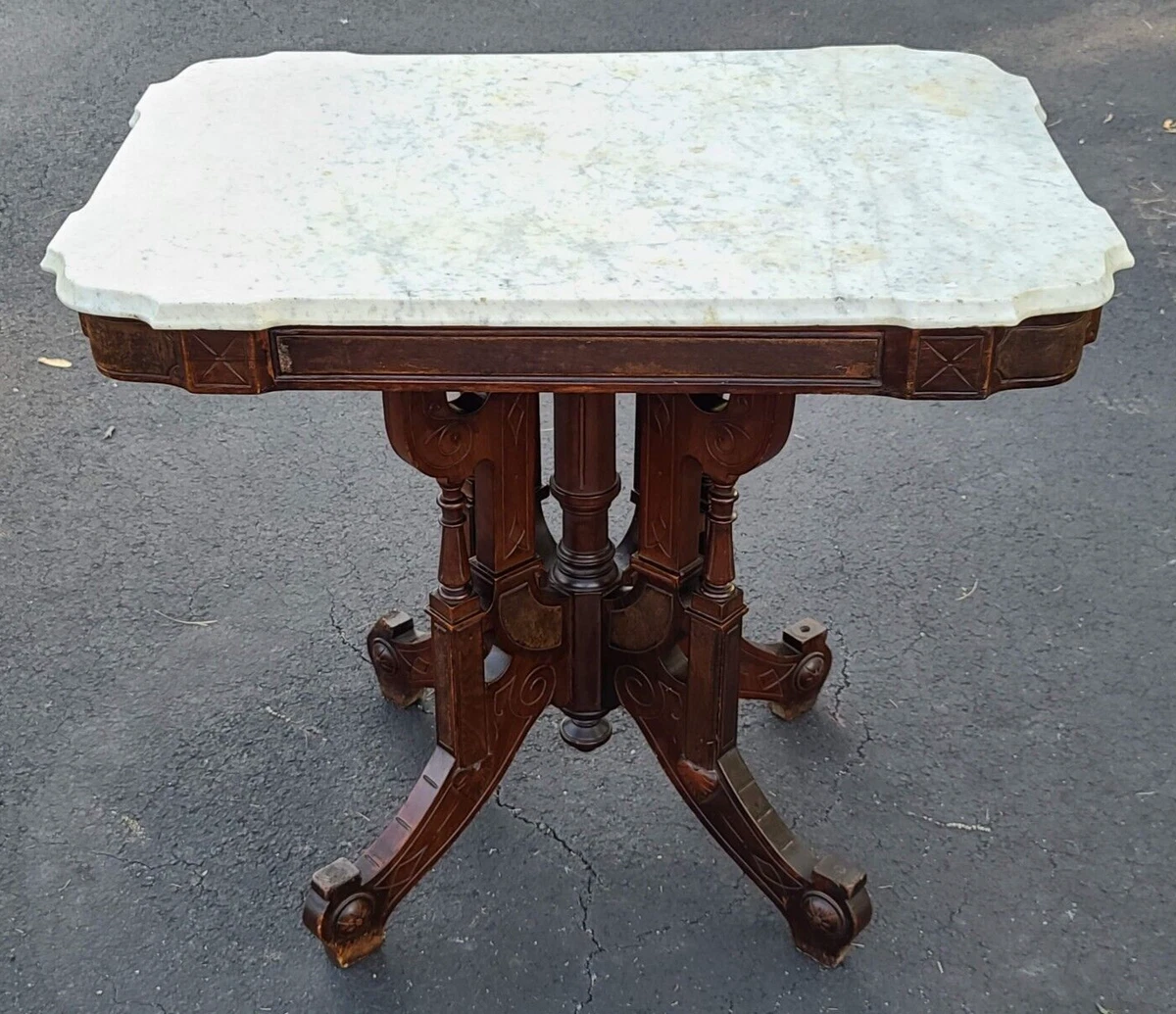 Vintage Antique Eastlake Marble Center Parlor Table Walnut Burl
