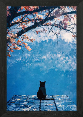 Katze unter Kirschblütenbaum gerahmtes Wandbild Poster Leinwanddruck Bild
