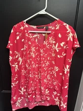 H by Halston Ladies Pink Floral Chiffon Short Sleeve Blouse - Size 14