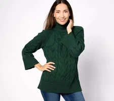Belle by Kim Gravel Bracelet Sleeve Mock Neck Cable Sweater Woodlands Green XS N