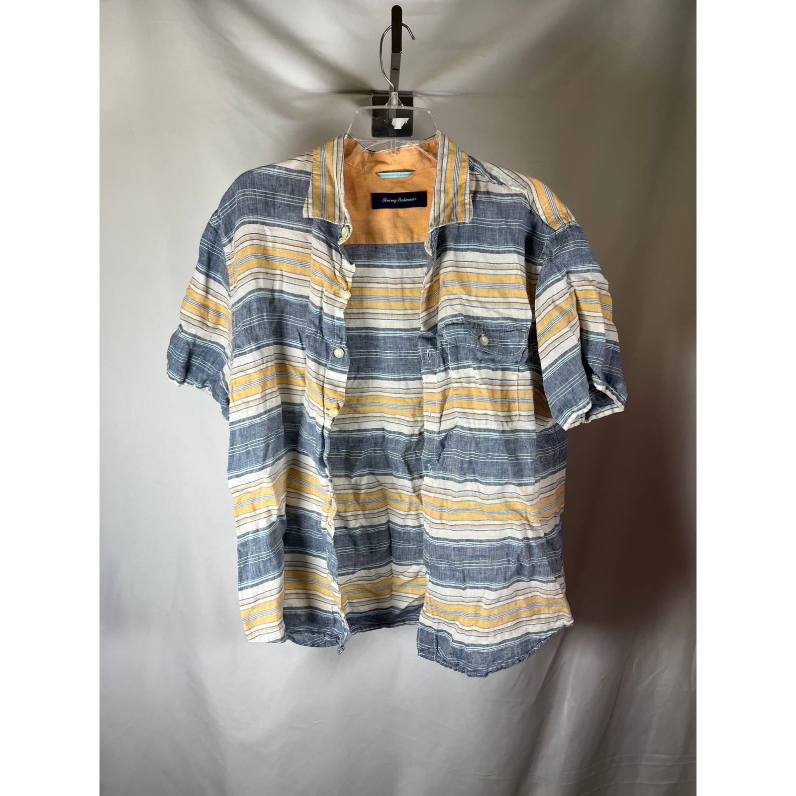 Tommy Bahama Mens Large Blue Yellow Striped 100% Linen Short Sleeve Button Shirt