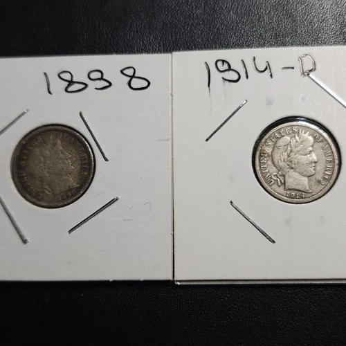 1898, 1914-D Barber Dime 10c Liberty Head Ungraded Circulated Silver,  2 Coin