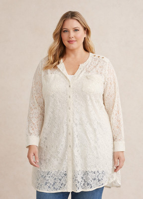 Soft Surroundings Top Womens 1X Off White Tunic Lace Button Up Boho Cottagecore