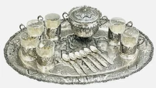 Beautiful 14 piece Antique Persian Six Person Tea Set Teaset 0.875 Silver