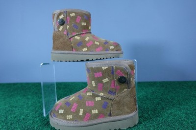 UGG Boots Kids Size 9 Brown Suede Shearling Lined Button Winter Warm Logo