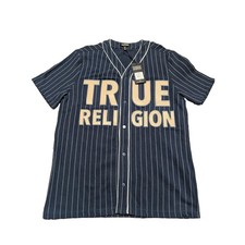 True Religion Mens Baseball Jersey Dress Blue White Pinstripe Size S NWT