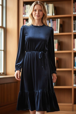 L.K. Bennett Black Velvet Midi Dress Long Sleeve Tie Waist Party Evening US 6