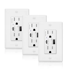 Dual USB Type-C/A Wall Outlet Charger Tamper Resistant 15A Electrical Receptacle