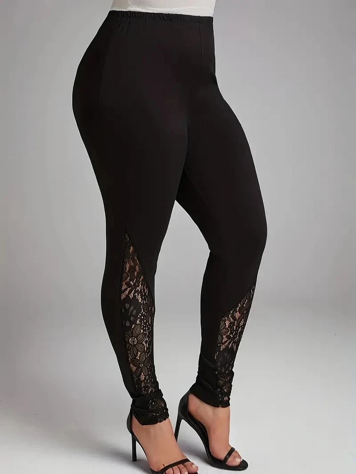Leggings elásticas femininas plus size de malha preta com infusão de renda 0XL 1XL 2XL 3XL 4XL 5XL - Imagem 3 de 4
