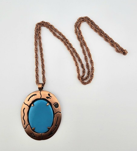 Vintage SOLID COPPER Bell Faux Turquois Pendant Necklace - Picture 1 of 7