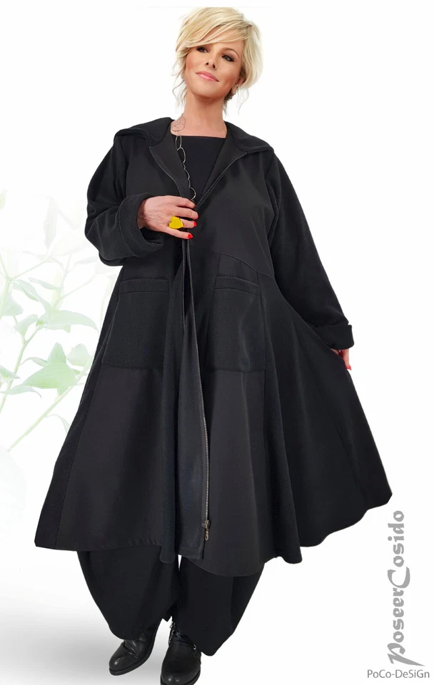 LAGENLOOK Softshell Fleece Glocken Mantel schwarz 46 48 50 52 54 56 58 XXL XXXL - Bild 3 von 4