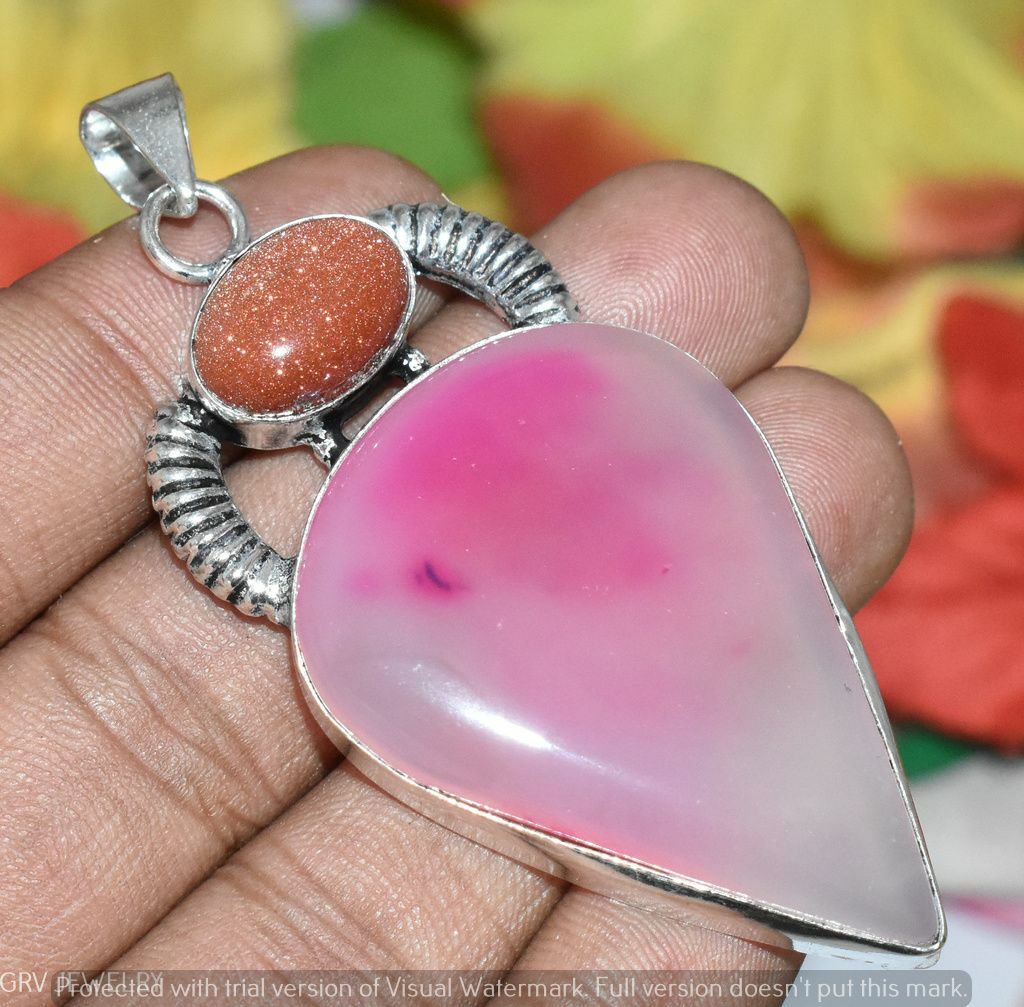 Pink Lace Onyx Goldstone Gemstone Pendant 925 Silver Overlay
