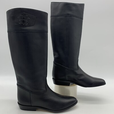 Black Leather Riding Boots Womens 7 Argentina Embossed Crest Equestrian Low Heel