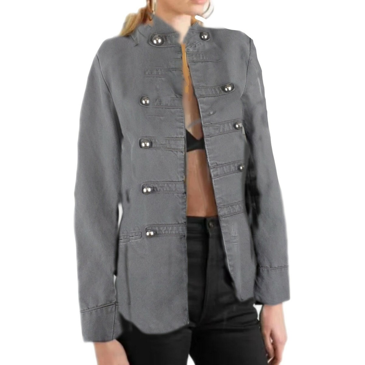 H&M Washed Grey Denim Womens Brass Button Military Style Jacket