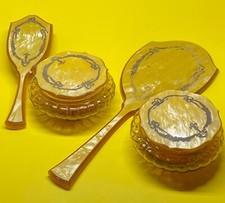 Antique Vtg Art Deco Vanity Set Mirror Brush 2 Powder Jars Celluloid Black Trim