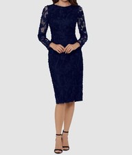 Xscape Women's Blue Lace Soutache Crewneck Long-Sleeve Shift Dress Size 8