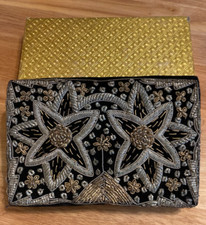 VTG Velvet Beaded Evening Bag Satin Lined Clutch Gold Silver Made in India