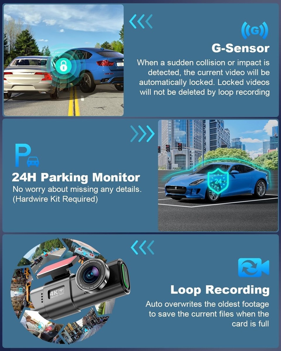 Dashcam 4K Avant/Arrière Zhiroad - WiFi, Écran 3" Et Nuit HD | Carte SD 64G Incluse