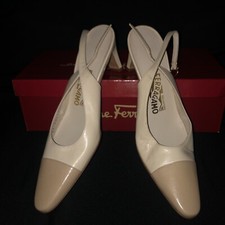 Vintage Salvatore Ferragamo Cream Slingback Pumps, 7 AAAA, W/ Dust Bag Box