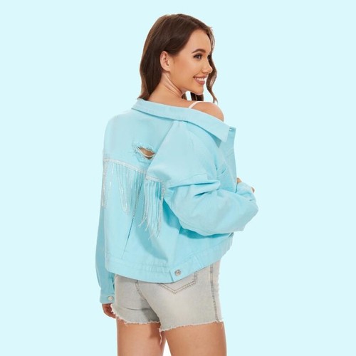 Lady Denim Tassel Coat Jacket Top Jean Ripped Distressed Cowgirl Pink Chic Sweet - Picture 11 of 18