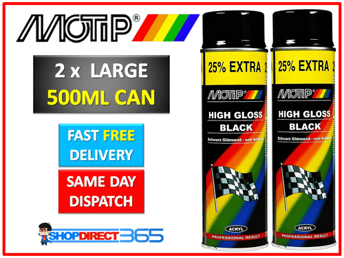 2 x MOTIP Gloss Black Spray Paint Can Aerosol Auto Car Multi-Purpose 500ml 04005 - Picture 2 of 3