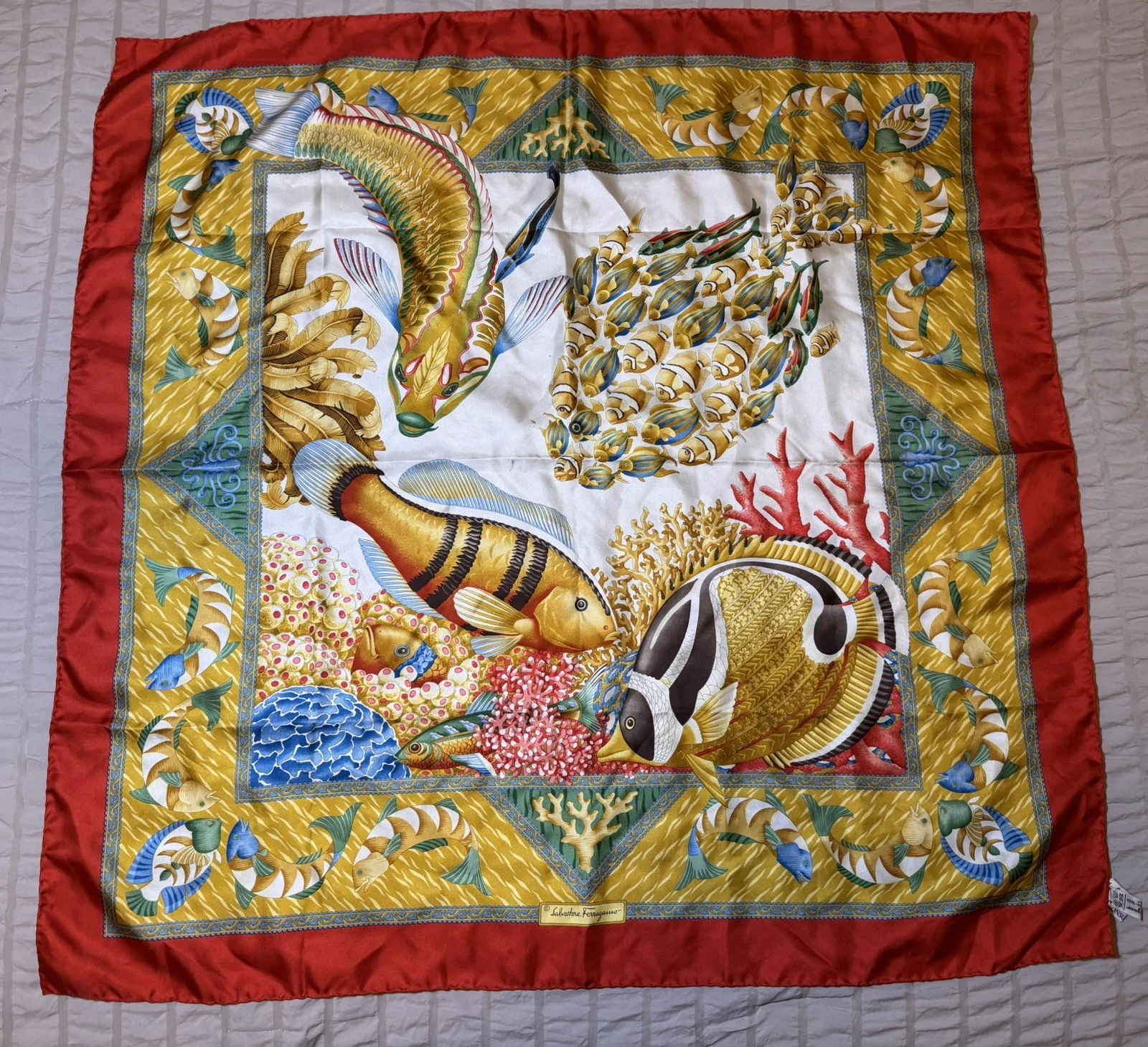 Salvatore Ferragamo Silk Scarf 33.5" Tropical Fish Coral Reef Red Gold