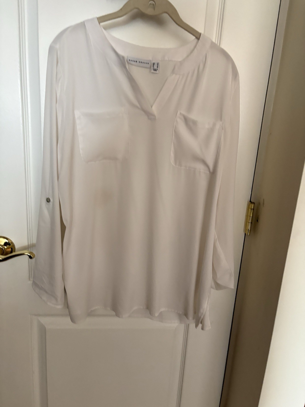 Susan Graver White V-Neck Pullover Blouse Button Solid Long Sleeve Women's S