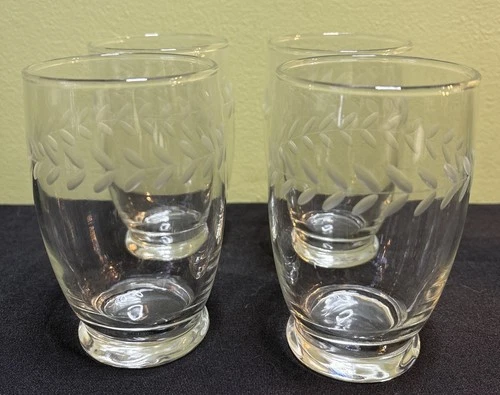 4 VTG ANCHOR HOCKING LAUREL LEAF ETCHED JUICE GLASS TUMBLERS 3 5/8"