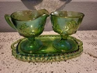 Vtg Indiana Carnival Glass Lime Green Grape Iridescent 3pc Sugar Creamer Tray
