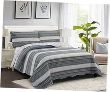  Stripes Patchwork, 3-Piece Quilt Set with 2 Shams, Quilt Set King Multi Grey