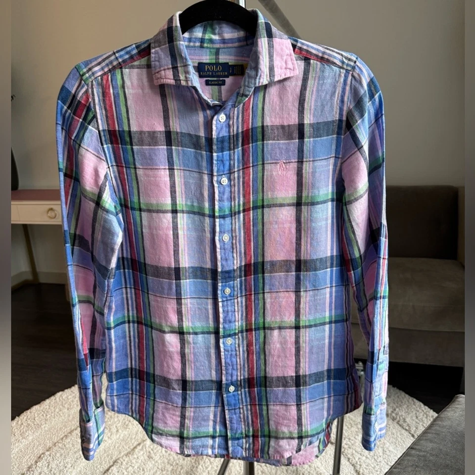 Camisa Polo Ralph Lauren a Cuadros Lino Manga Larga Azul Rosa Verde Pequeña Pequeña Foto 4 de 4