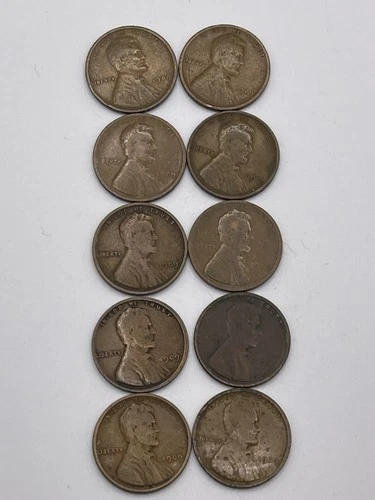 1909 P LINCOLN WHEAT PENNIES Copper Coin 1c Penny Cent VG Lot Of 10 Coins 09C
